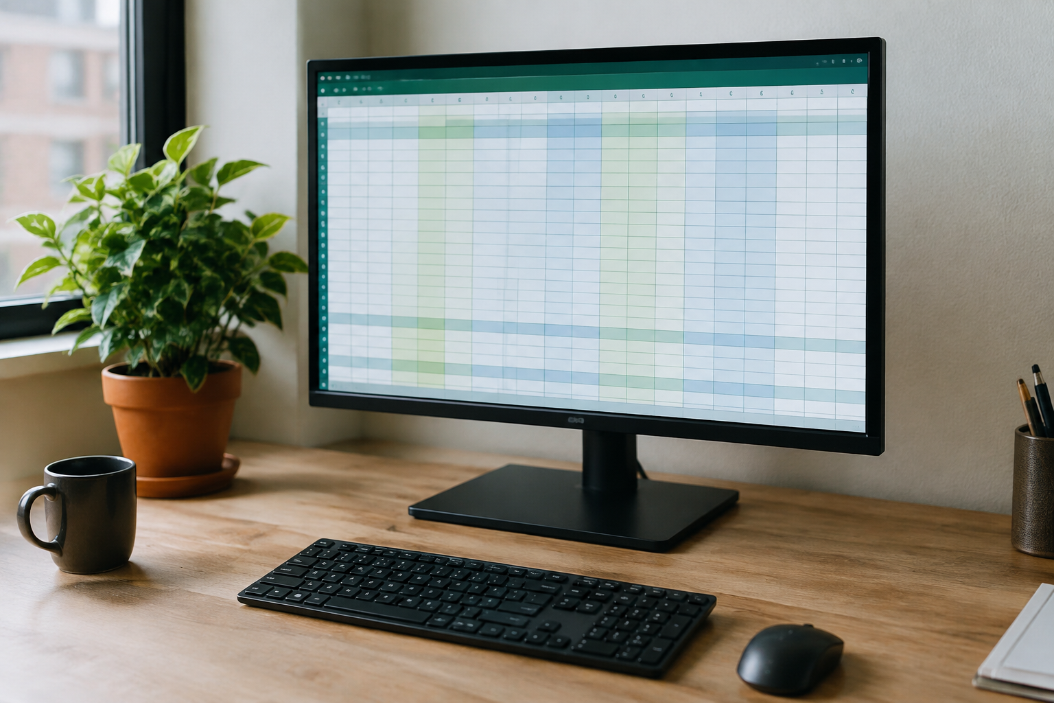 Bureau ordinateur ecran affiche grille cellules separees