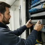 Technicien branche un boitier VoIP gris dans un rack