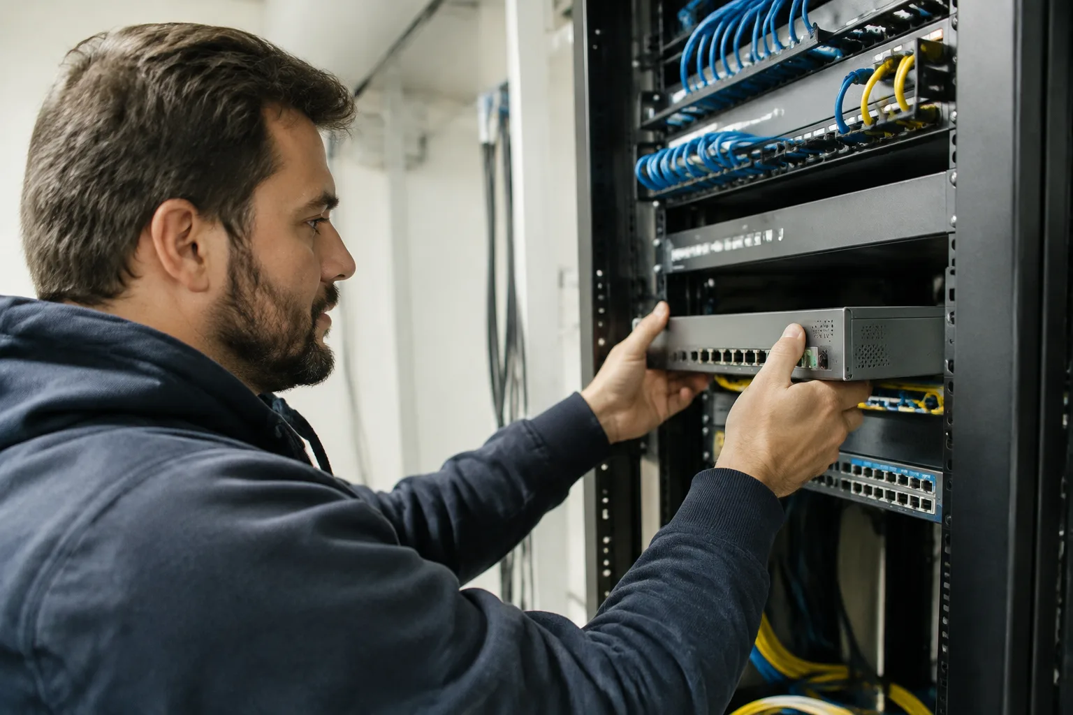 Technicien branche un boitier VoIP gris dans un rack