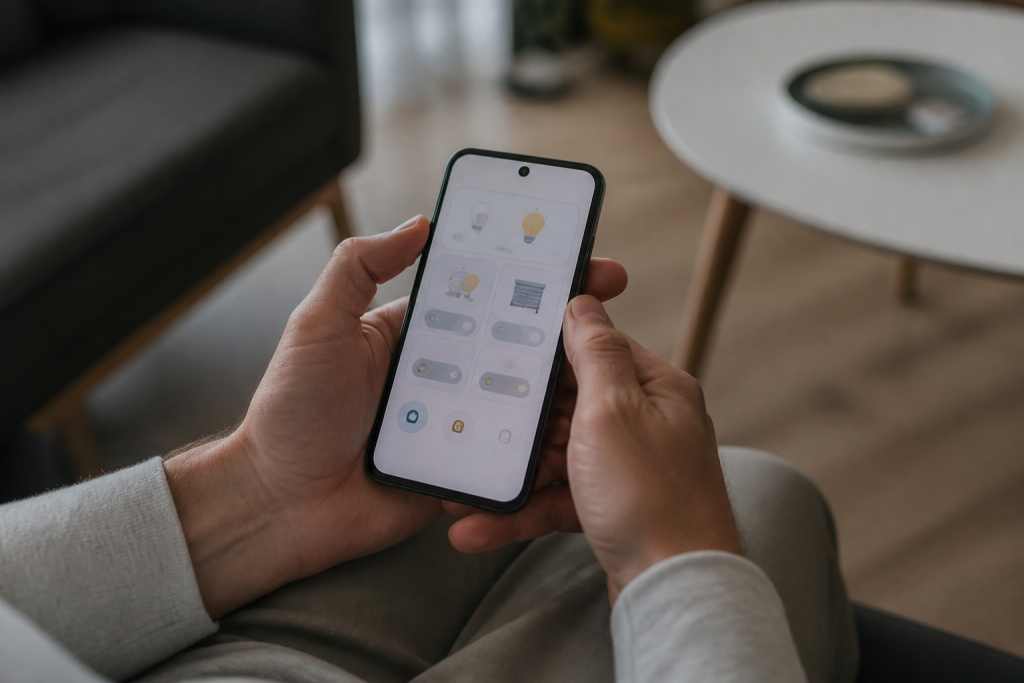 doigts tenant telephone affichant interface Google Home